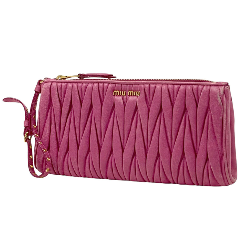 Miu Miu Matelasse Clutch Bag Gathered Pouch Clutch Leather Pink